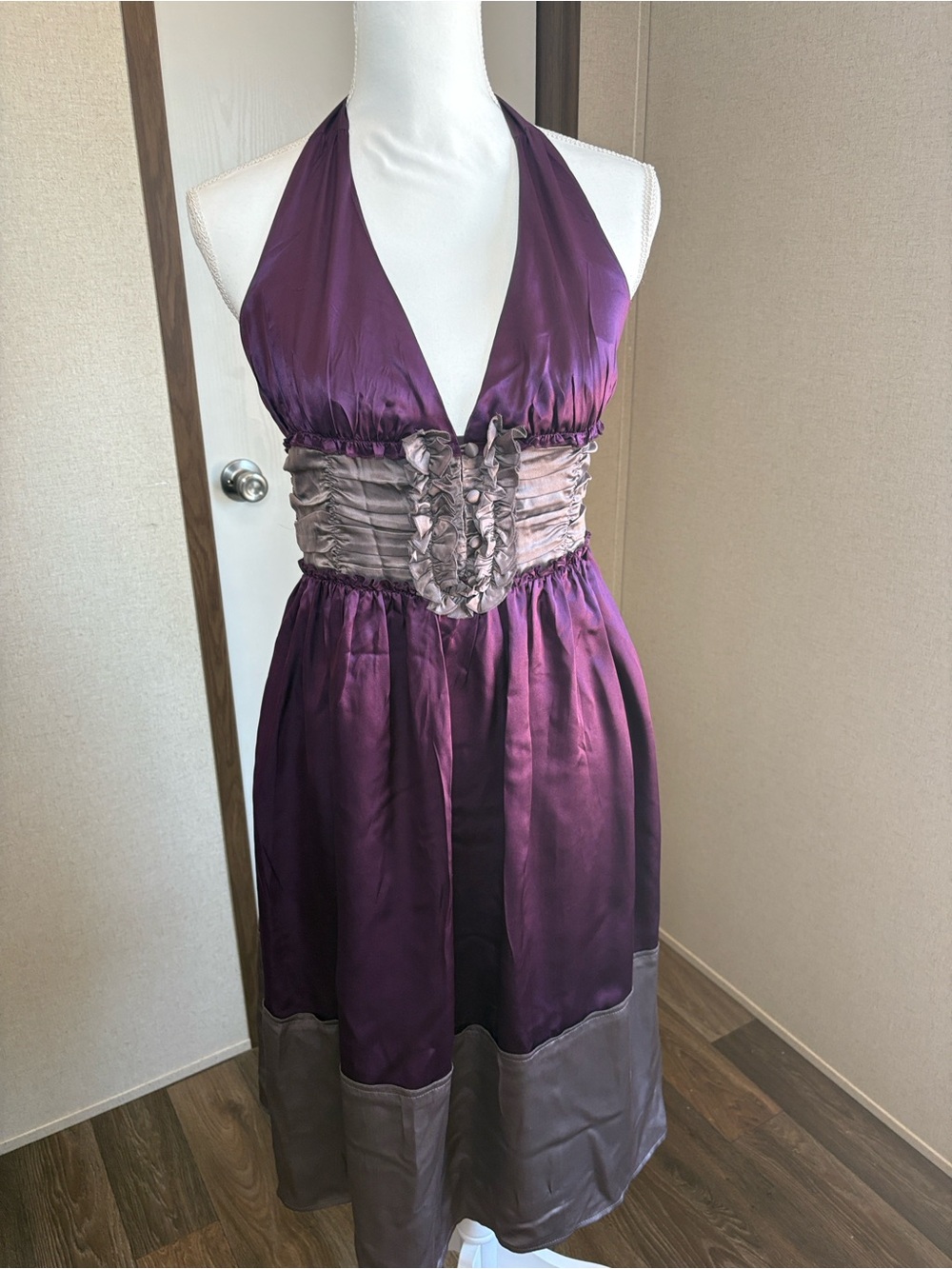 To The Max 100% Silk NWT Plum Halter Midi Dress Y2K Whimsigoth Sz 8 Coquette